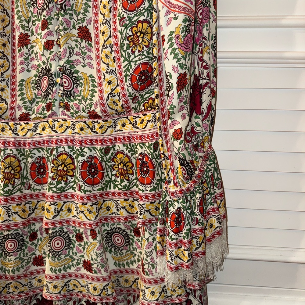 Alice + Olivia Lawson Floral Tiered Dress Green and Cream Mock Neck Dress Sz L - Picture 11 of 16